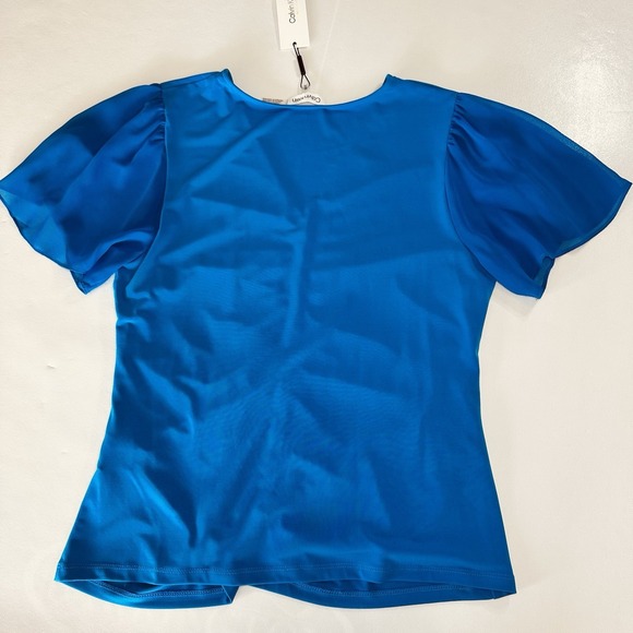 Calvin Klein Blue Ruched V Neck Short Sleeve Blouse Size Medium NWT Lightweight - Picture 5 of 9